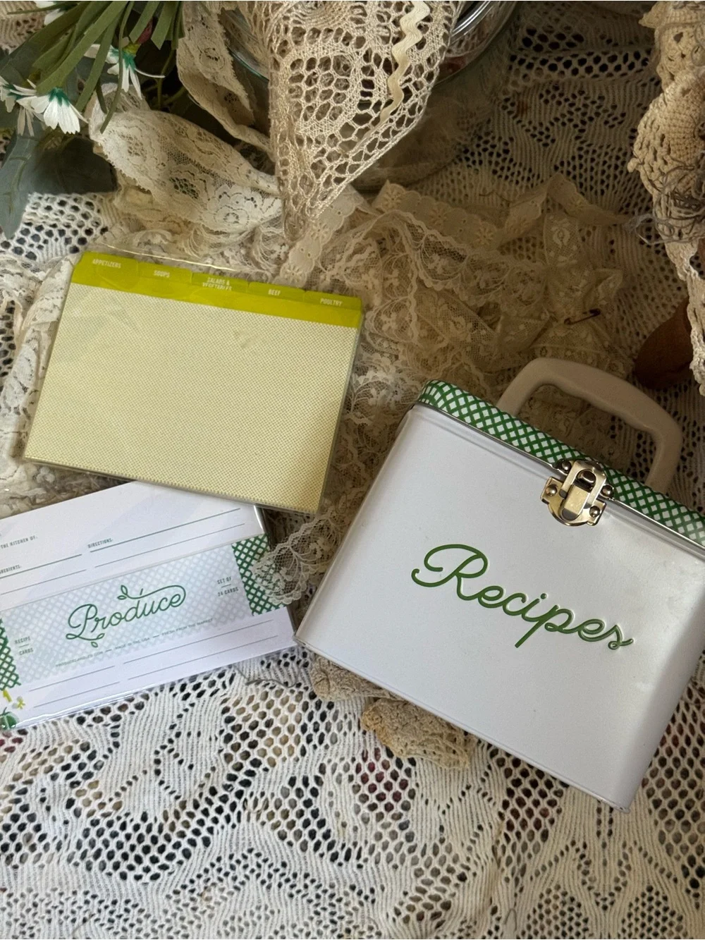 Vintage White & Green Recipe Storage Box by Vintage